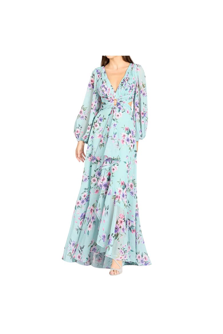 Long Sleeve V-Neck, Layered Skirt Print Dress, Alternate, color, Mint