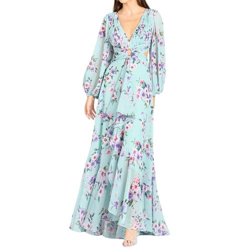 Lara New York Long Sleeve V-neck, Layered Skirt Print Dress In Blue