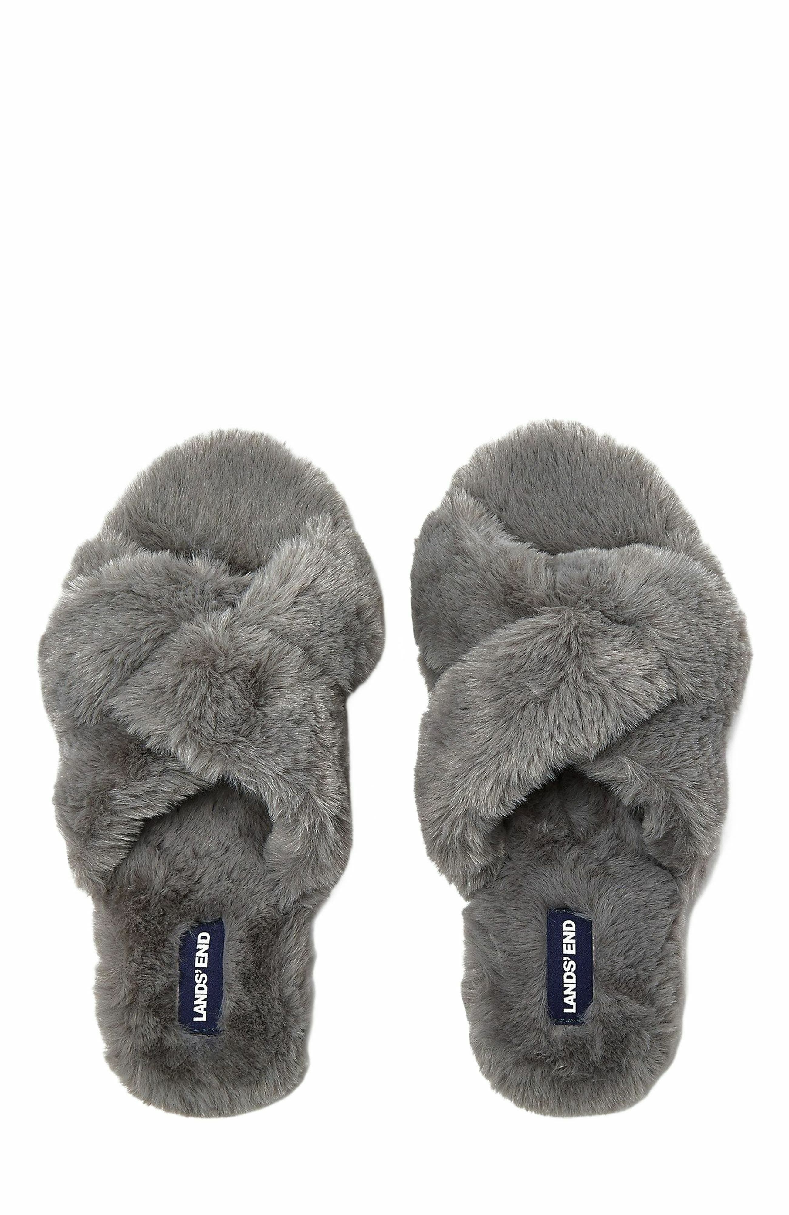 Lands' End Fluffy Slide House Slippers, Main, color, Dark Gray