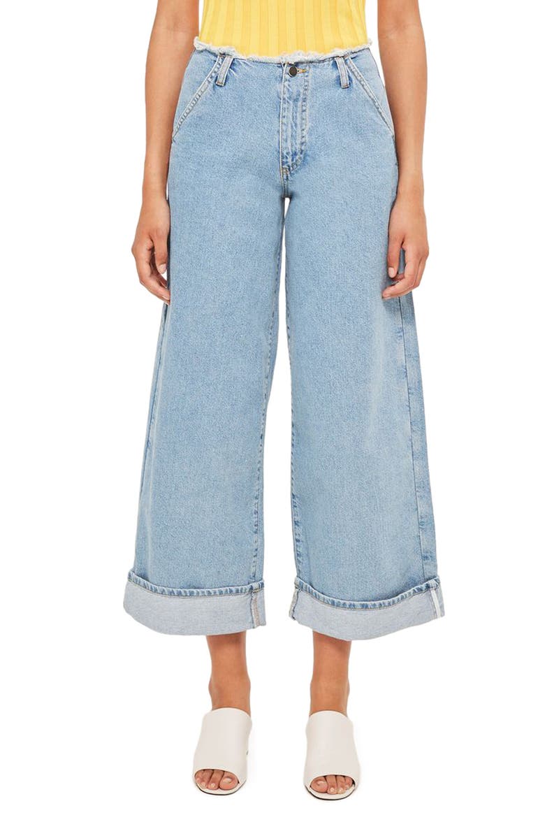 Topshop Boutique Frayed Waist Super Wide Leg Jeans, Main, color, 