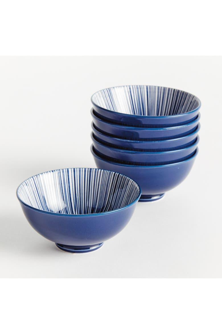 Stria 4.75" Bowls, Set of 6 - Dark Blue/White Ceramic, Alternate, color, Blue