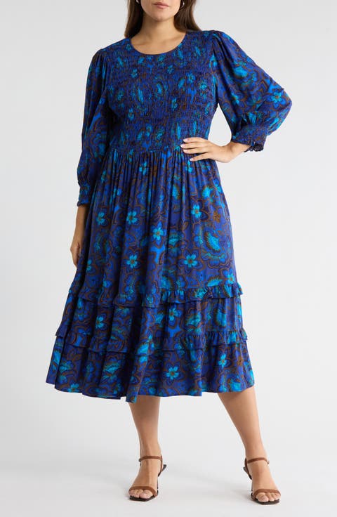 Bluford Smocked Long Sleeve Midi Dress (Plus)