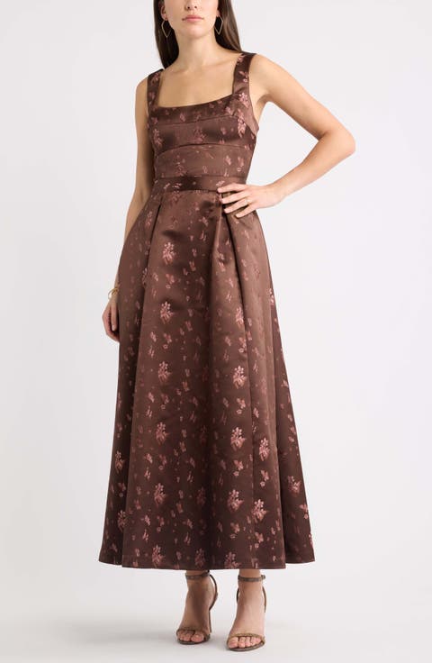 Pleated Seamed Bodice Jacquard Maxi Cocktail Dress