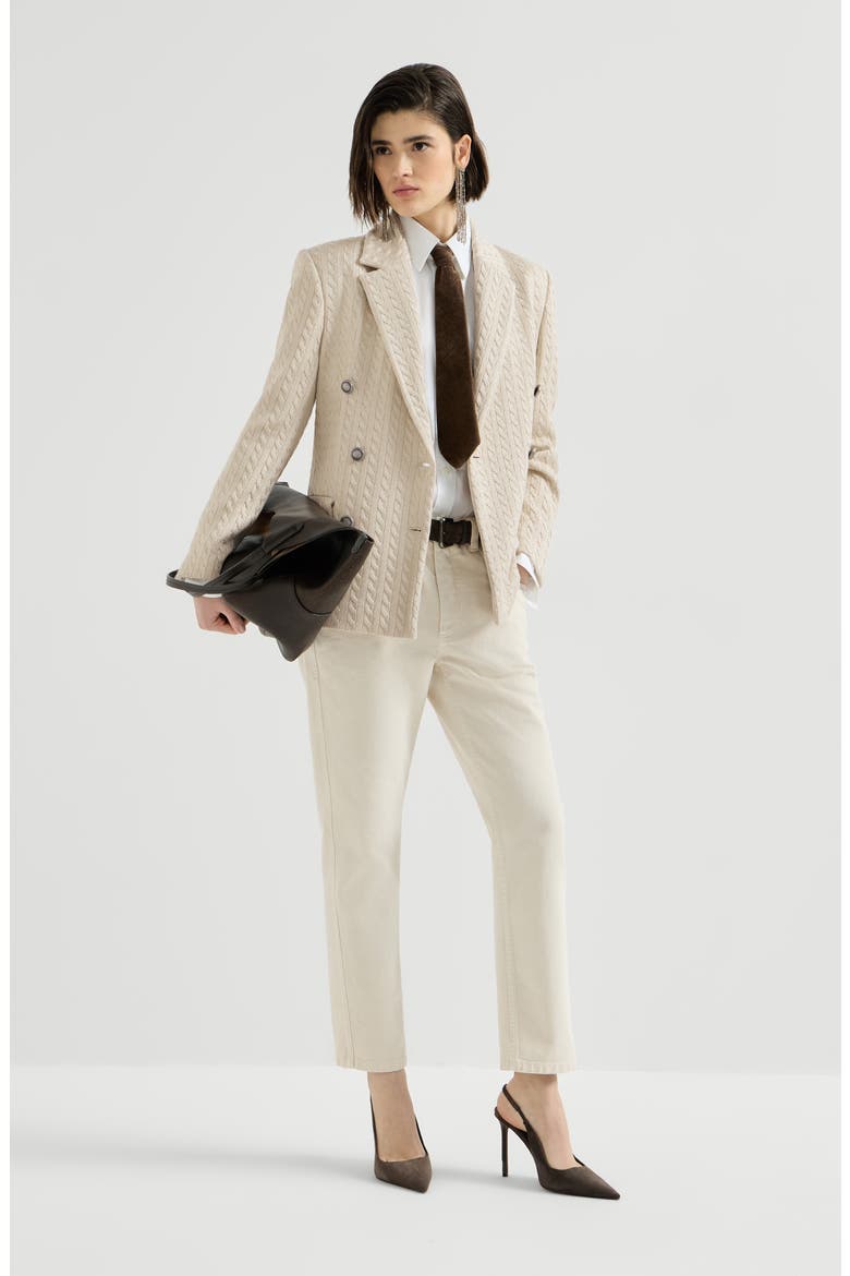 Dyed denim five-pocket straight trousers with shiny bartack, Alternate, color, Milk
