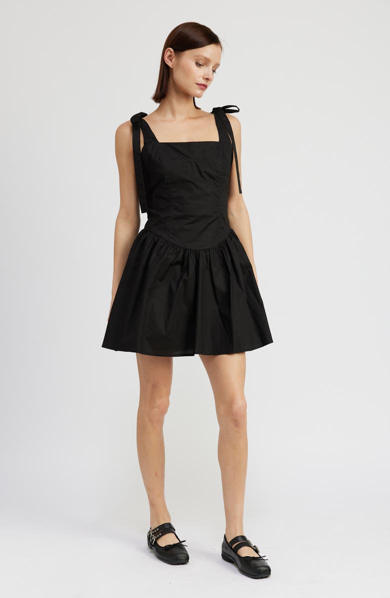 En Saison Charlie Tie Strap Cotton Poplin Minidress, Alternate, color, Black