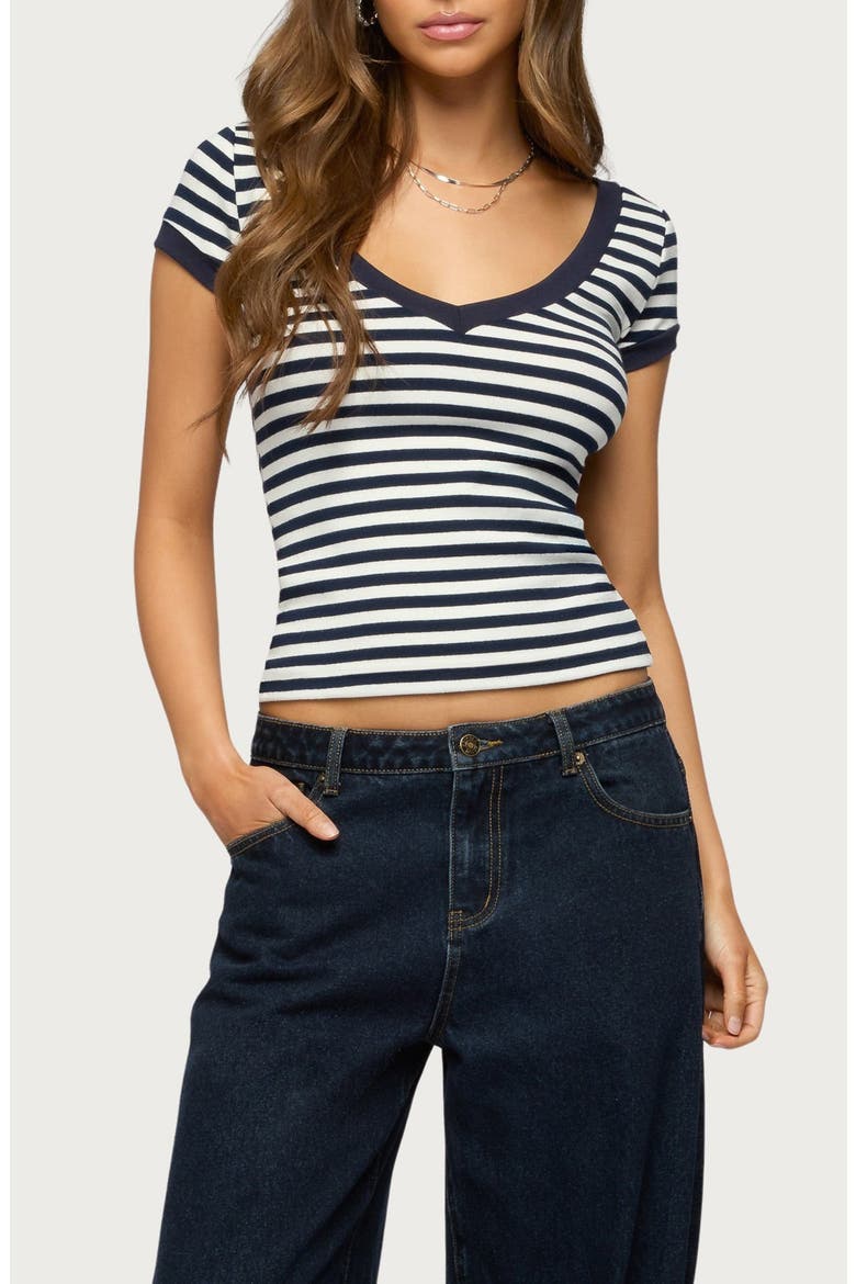 Antonela Stripe V-Neck T-Shirt, Main, color, NAVY-AND-WHITE