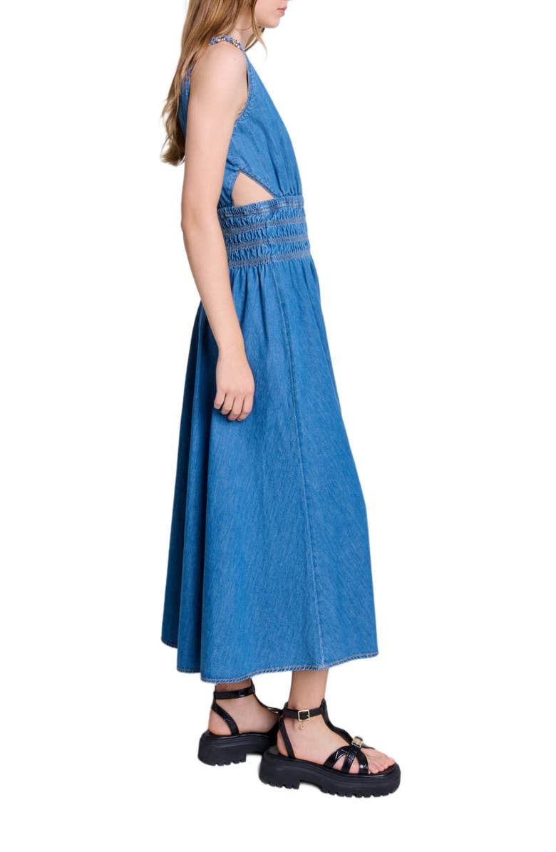 maje Cutaway denim maxi dress, Alternate, color, 