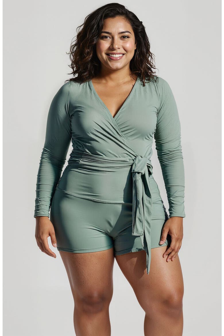 Plus Size Avery 2-Piece Long Sleeve Wrap Swim Set With Reversible Top and Tummy Control Shorts, Main, color, Sage Green
