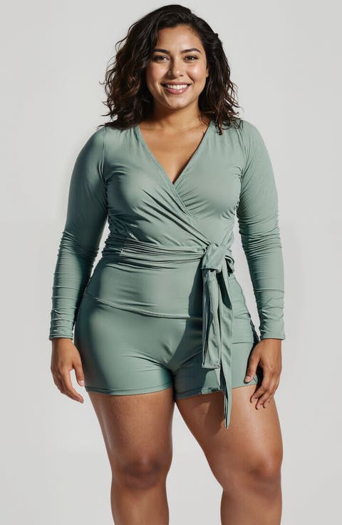 Plus Size Avery 2-Piece Long Sleeve Wrap Swim Set With Reversible Top and Tummy Control Shorts