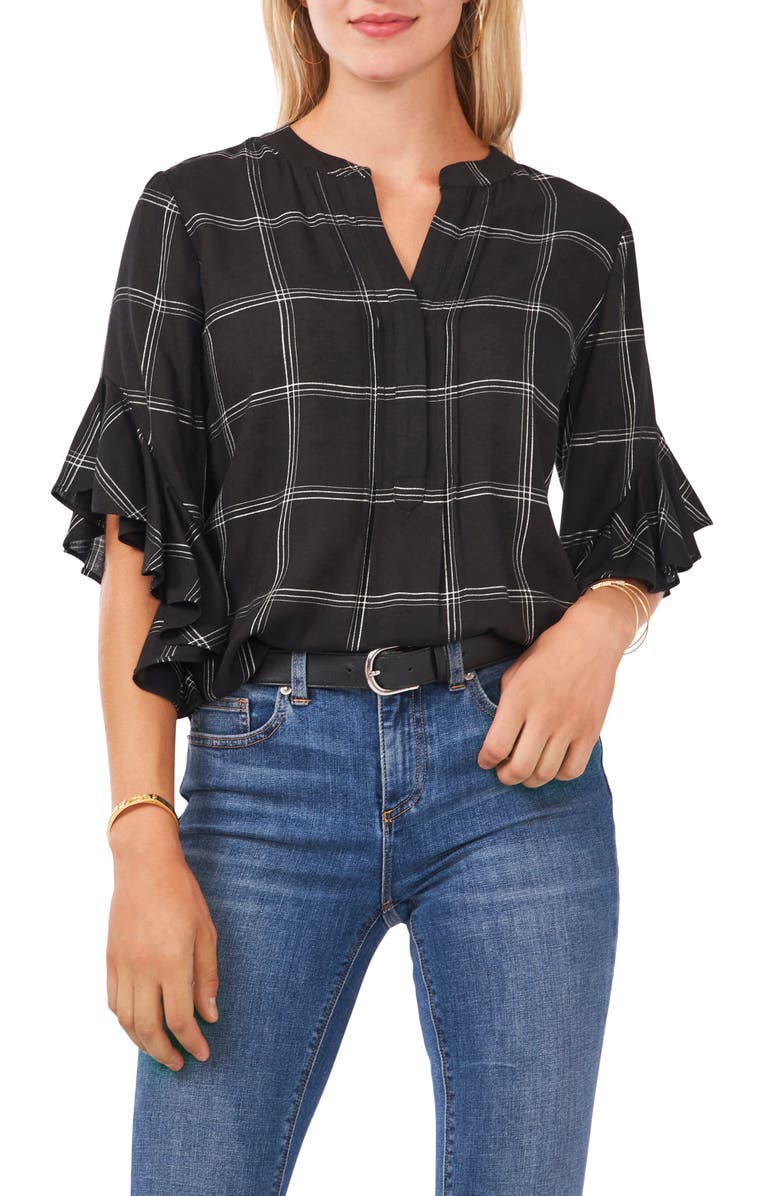 Vince Camuto Windowpane Ruffle Sleeve Popover Top, Main, color, Rich Black