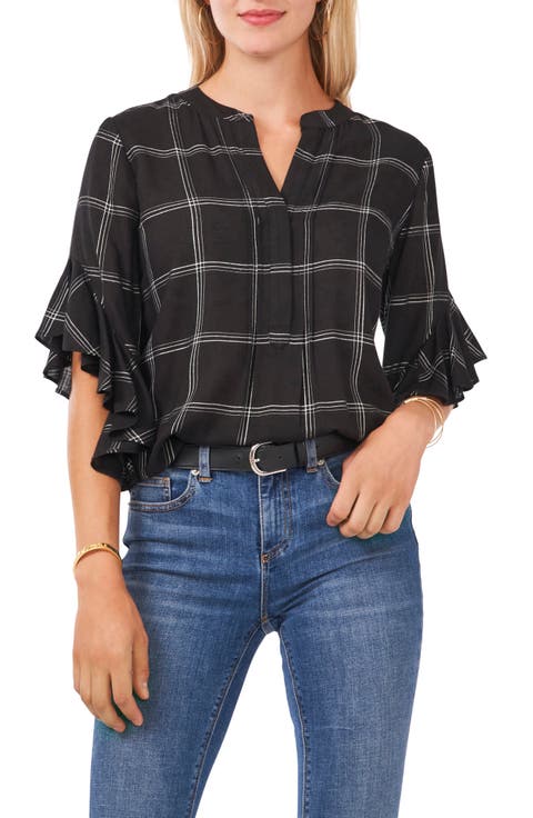 Windowpane Ruffle Sleeve Popover Top