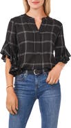 Vince Camuto Windowpane Ruffle Sleeve Popover Top