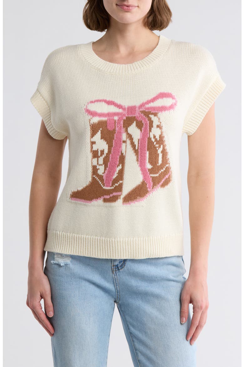 Cowboy Boots Graphic Short Sleeve Sweater, Main, color, CREAM