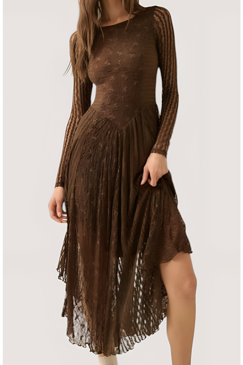 Mixed-Lace Paneled Boat-Neck Drop-Waist Midi Dress, Alternate, color, Brown