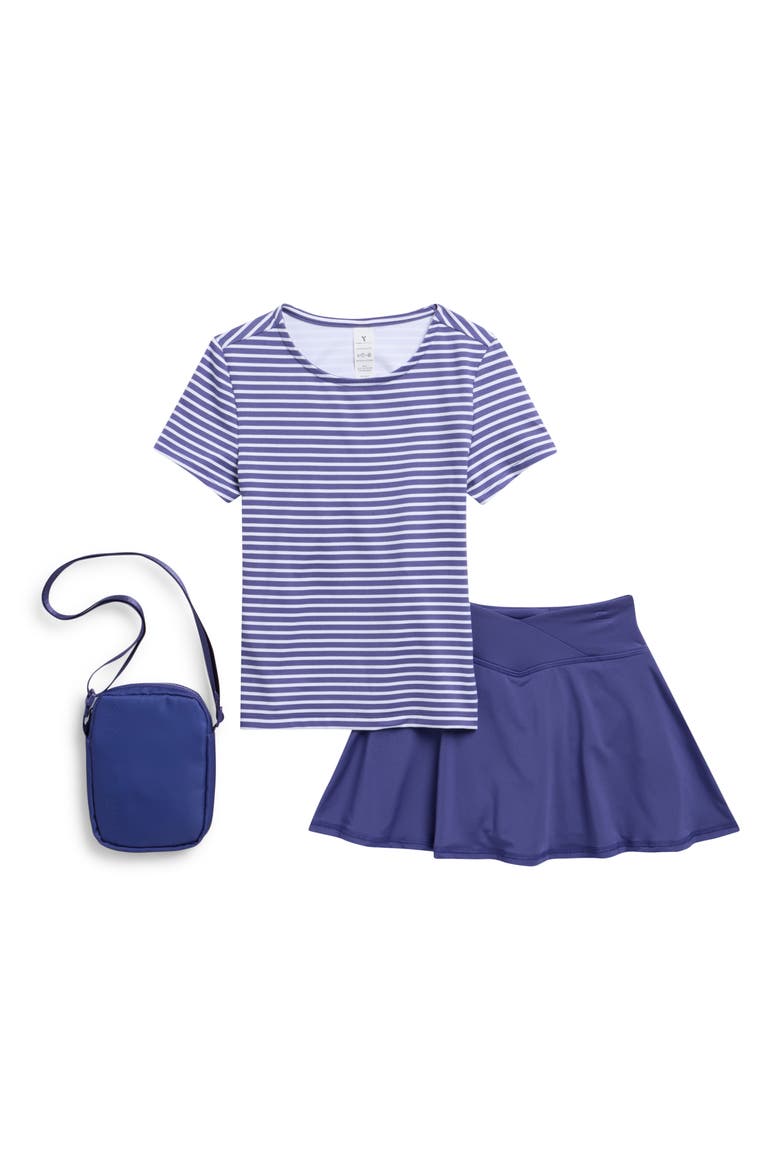 Kids' Lux Bloom T-Shirt, Skirt & Crossbody Bag Set, Main, color, SKIPPER BLUE