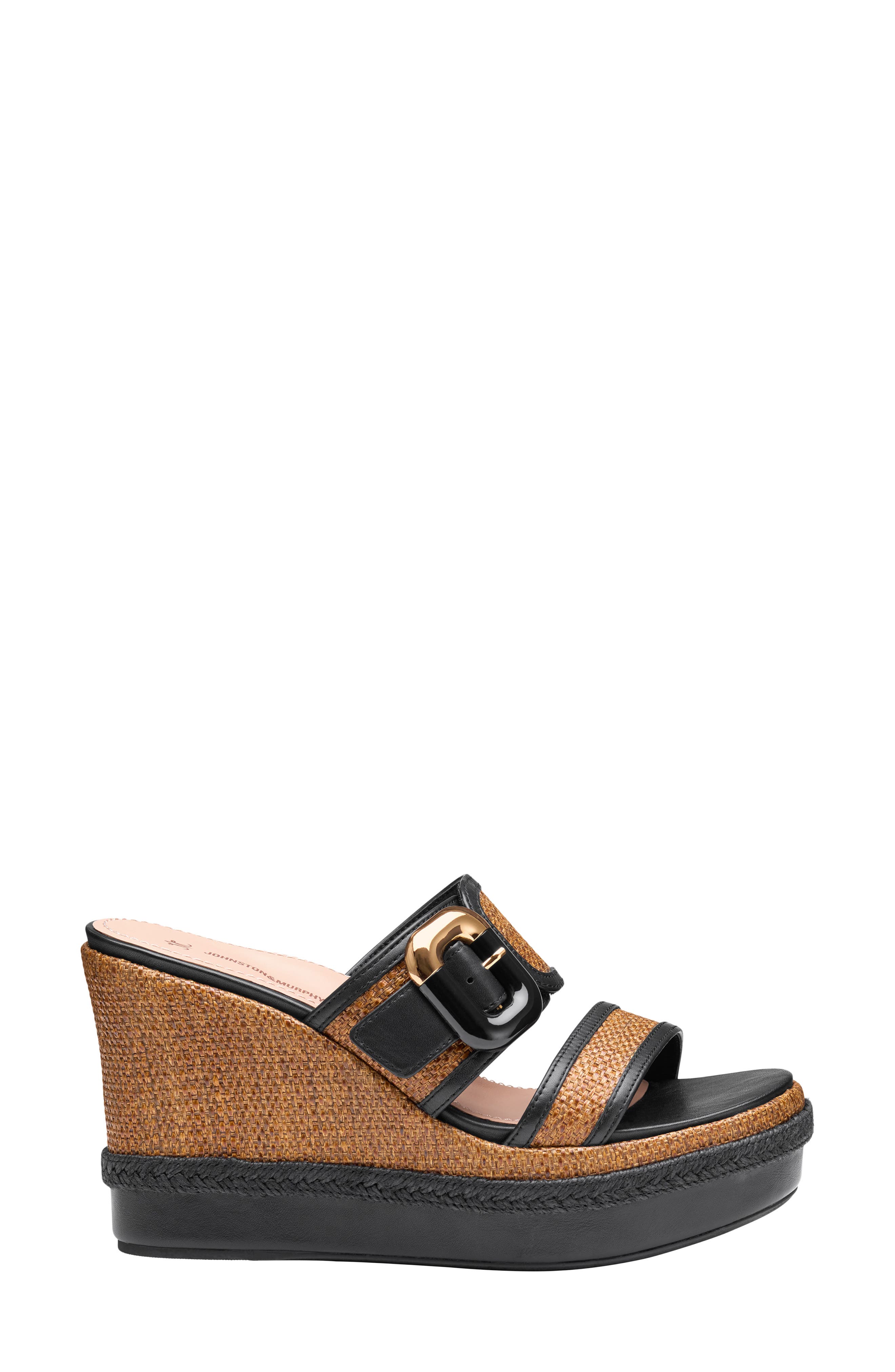 Johnston & Murphy Addison Buckle Platform Wedge Slide Sandal, Alternate, color, Cognac Raffia
