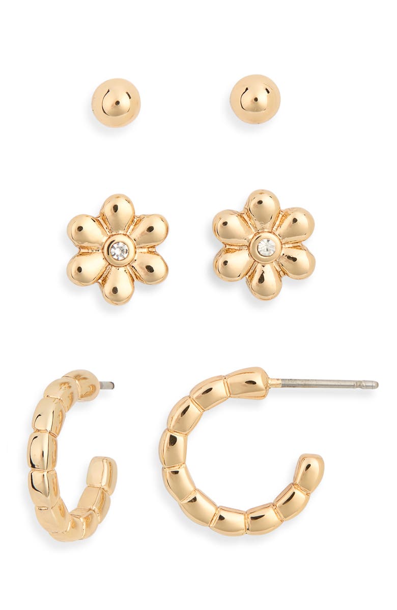 Ettika Set of 3 Assorted Stud & Hoop Earrings, Main, color, Gold