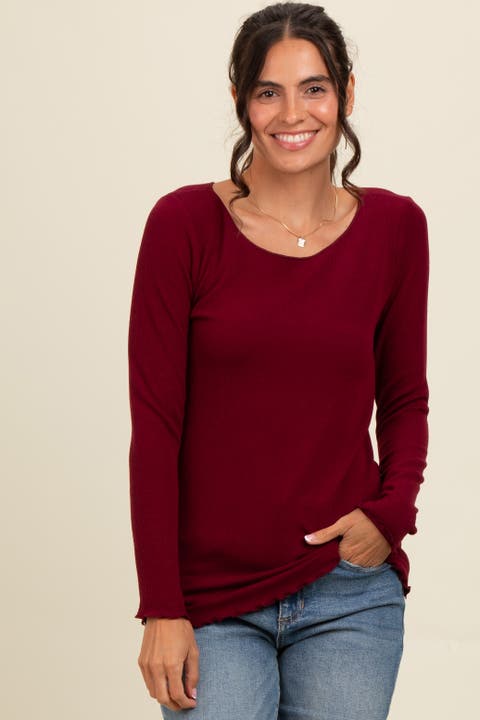 Ribbed Knit Long Sleeve Lettuce Hem Top