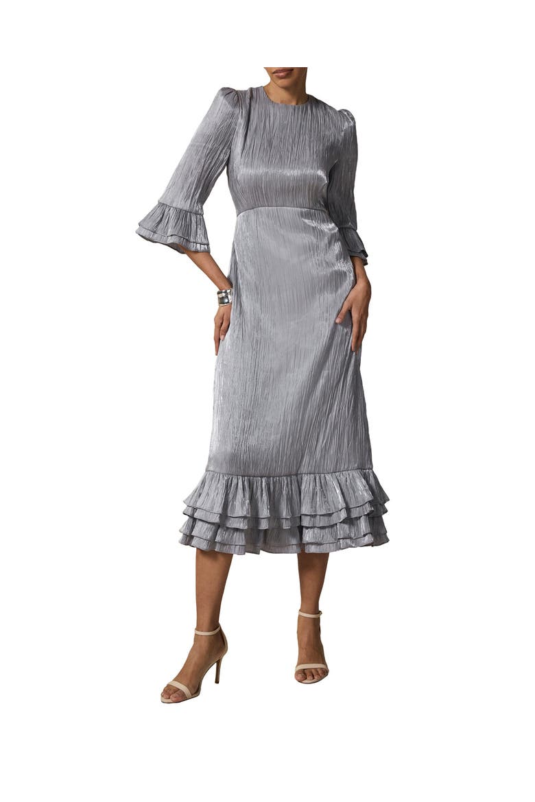 Metallic Ruffle Sleeve Midi Dress, Main, color, Silver
