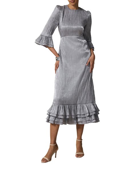 Metallic Ruffle Sleeve Midi Dress