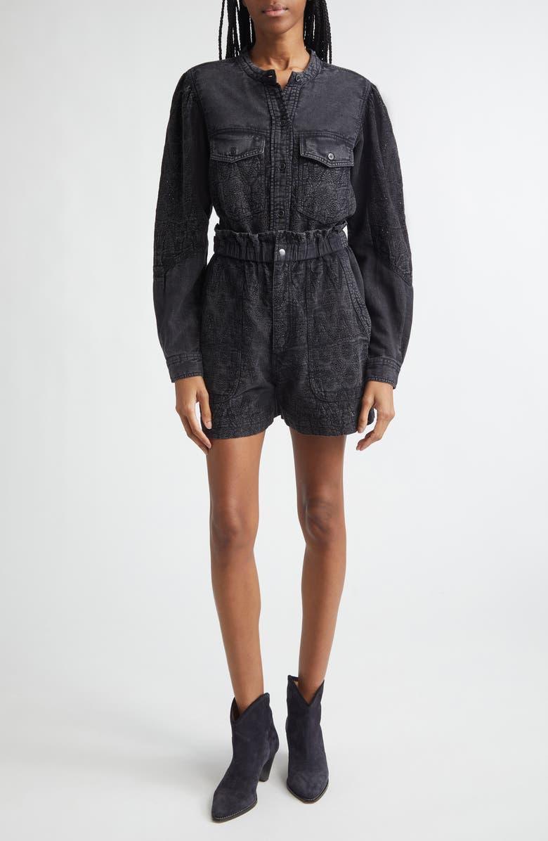 Isabel Marant Étoile Kaina Embroidered Eyelet Denim Button-Up Shirt, Alternate, color, Faded Black