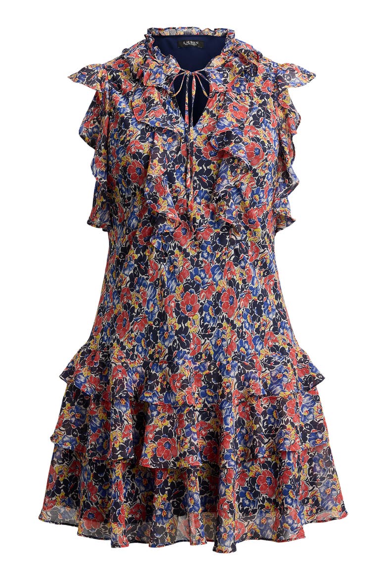 Floral Ruffle Crinkle Georgette Dress, Alternate, color, CREAM/ RED/ BLUE