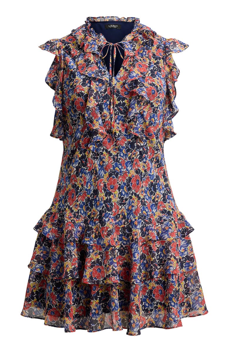 Lauren Ralph Lauren Floral Ruffle Crinkle Georgette Dress, Alternate, color, Cream/ Red/ Blue