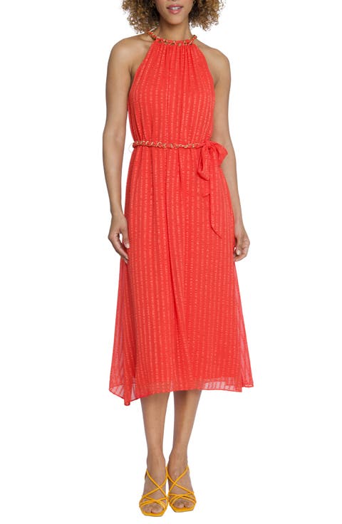 Chain Trim Metallic Stripe Sleeveless Midi Dress