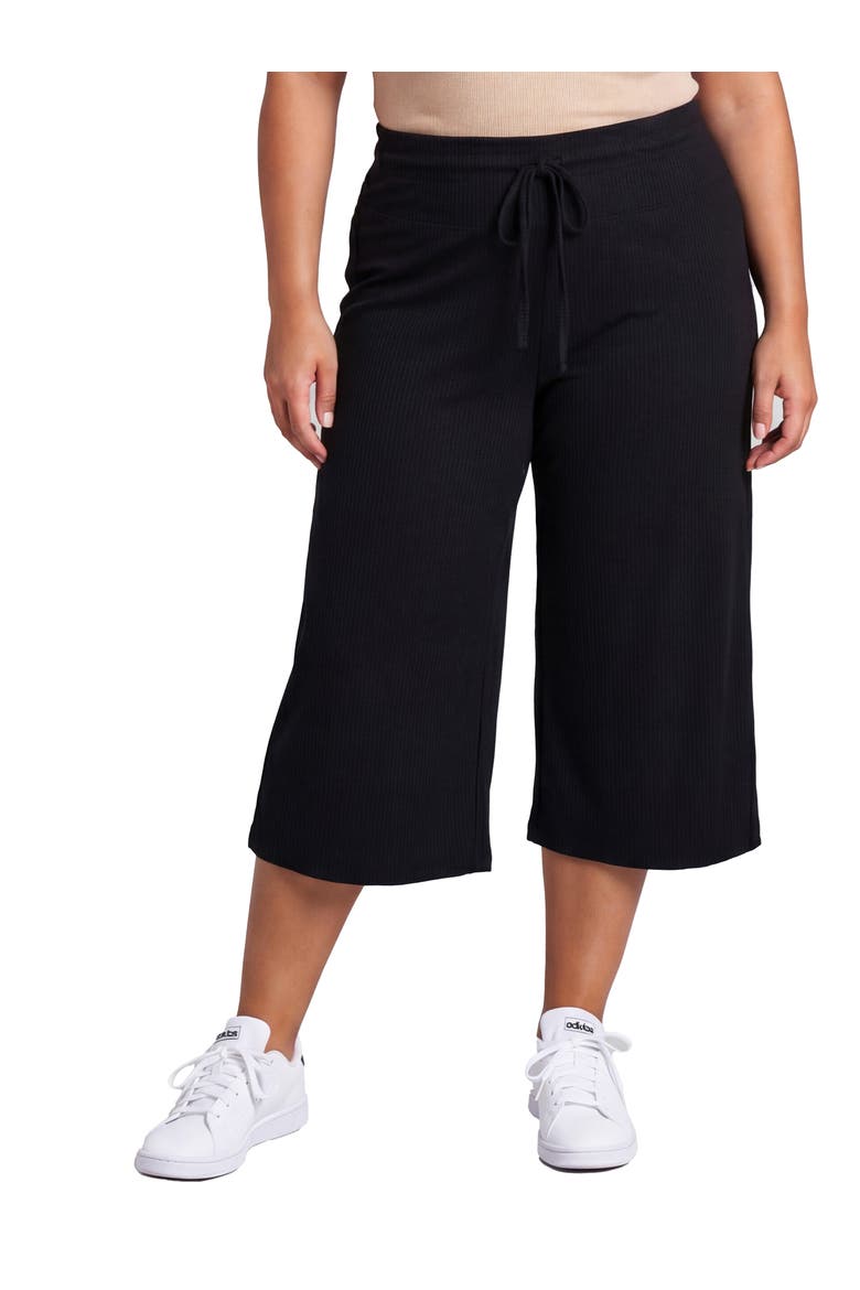 Curvy Basic Ribbed Knit Drawstring Flared Capri Pants, Main, color, Black