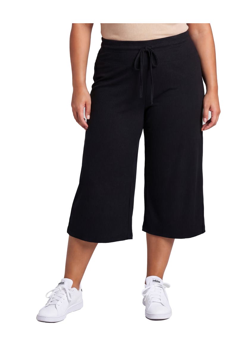 24seven Comfort Apparel Curvy Basic Ribbed Knit Drawstring Flared Capri Pants, Main, color, Black