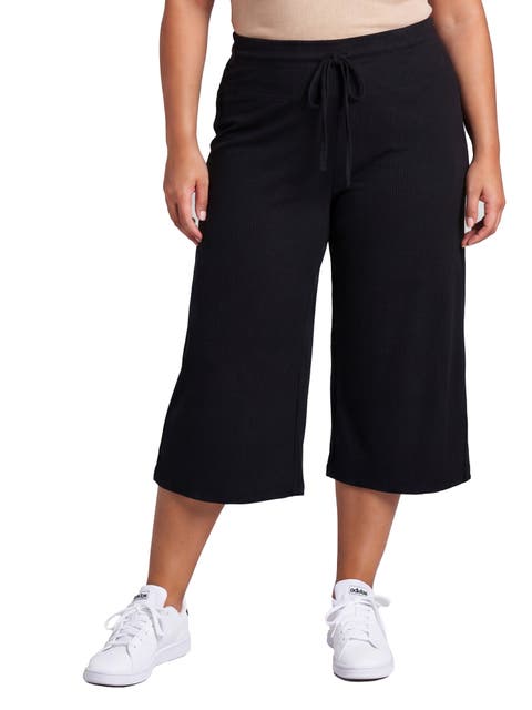 Curvy Basic Ribbed Knit Drawstring Flared Capri Pants
