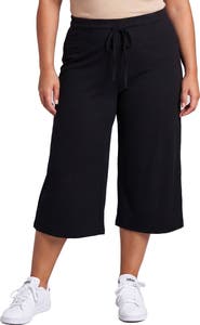 24seven Comfort Apparel Curvy Basic Ribbed Knit Drawstring Flared Capri Pants
