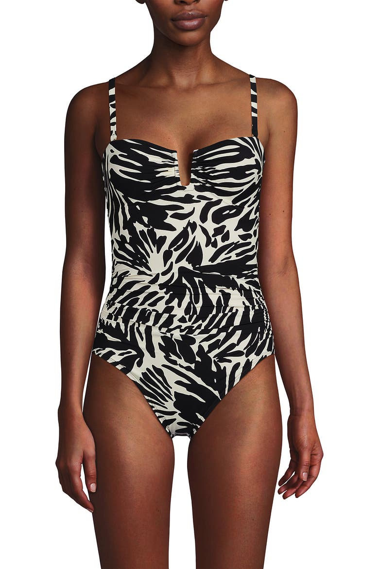 Slender Suit Tummy Control U-Wire Bandeau One Piece Swimsuit, Alternate, color, Black/Egret White Leaf Scroll