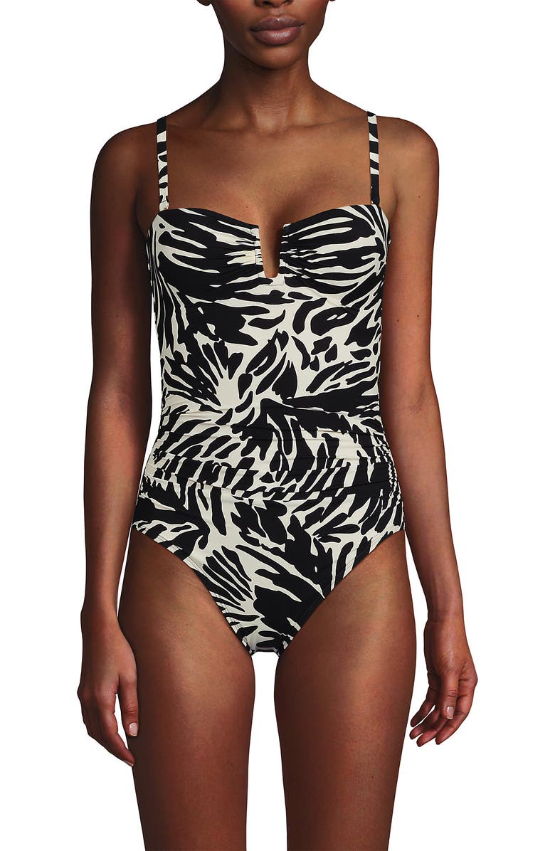 Lands' End Slender Suit Tummy Control U-Wire Bandeau One Piece Swimsuit, Alternate, color, Black/Egret White Leaf Scroll