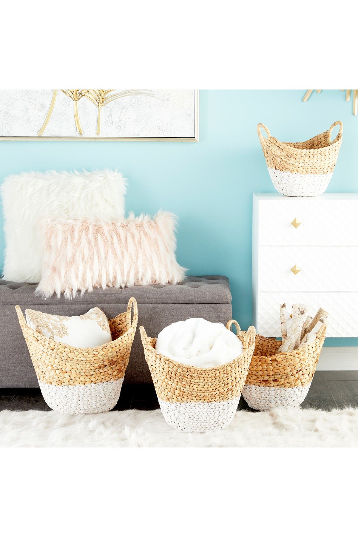 COSMO BY COSMOPOLITAN Oval Natural and White Dip-Dyed Water Hyacinth Wicker Storage Baskets with Round Handles - Set of 4