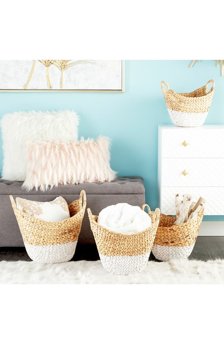 COSMO BY COSMOPOLITAN Oval Natural and White Dip-Dyed Water Hyacinth Wicker Storage Baskets with Round Handles - Set of 4, Main, color, Brown