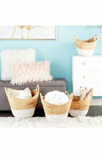 Oval Natural and White Dip-Dyed Water Hyacinth Wicker Storage Baskets with Round Handles - Set of 4
