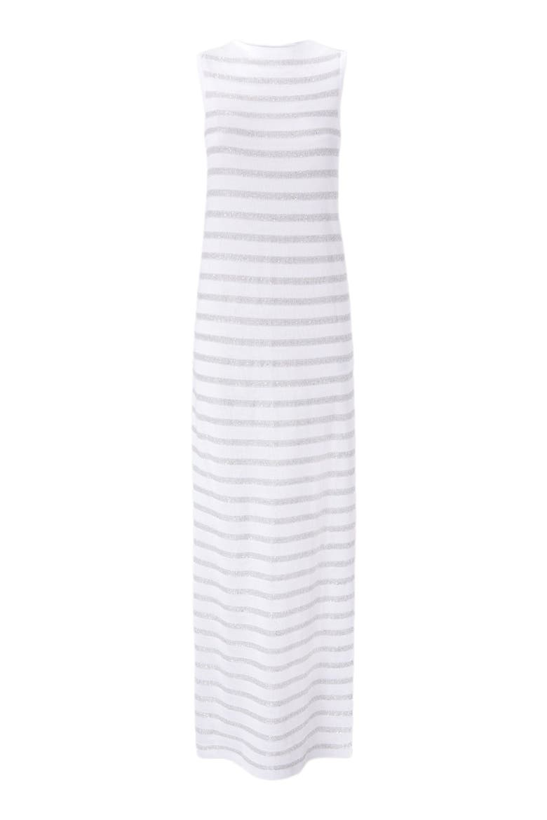 Sleeveless Long Dress In Striped Viscose With Slit, Alternate, color, White