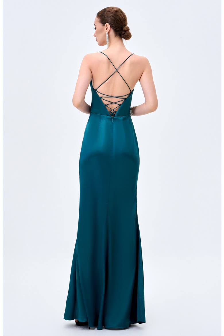 Stephanie Cowl Draped Satin Gown, Alternate, color, EMERALD