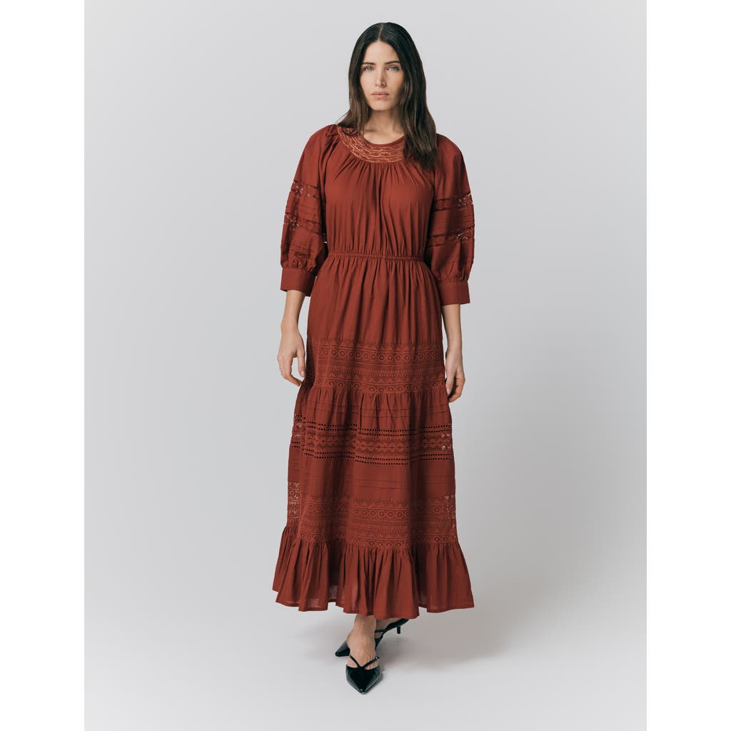 Ghost London Leoni Lace Trim Cotton Midi Dress In Brown