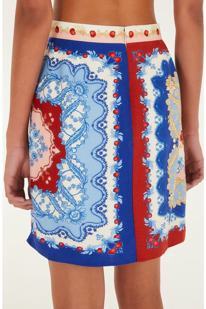 Mixed Cherry Royalty Scarf Print Linen Blend Miniskirt, Alternate, color, BLUE