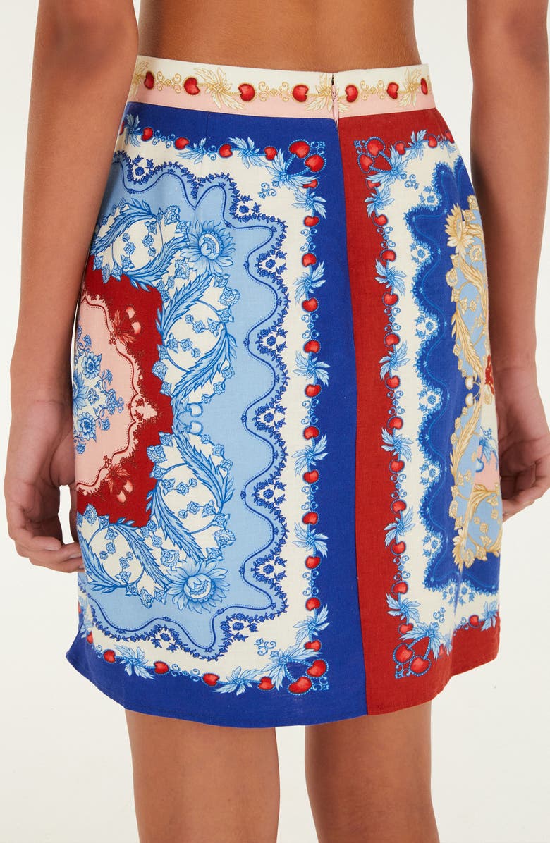 FARM Rio Mixed Cherry Royalty Scarf Print Linen Blend Miniskirt, Alternate, color, Blue