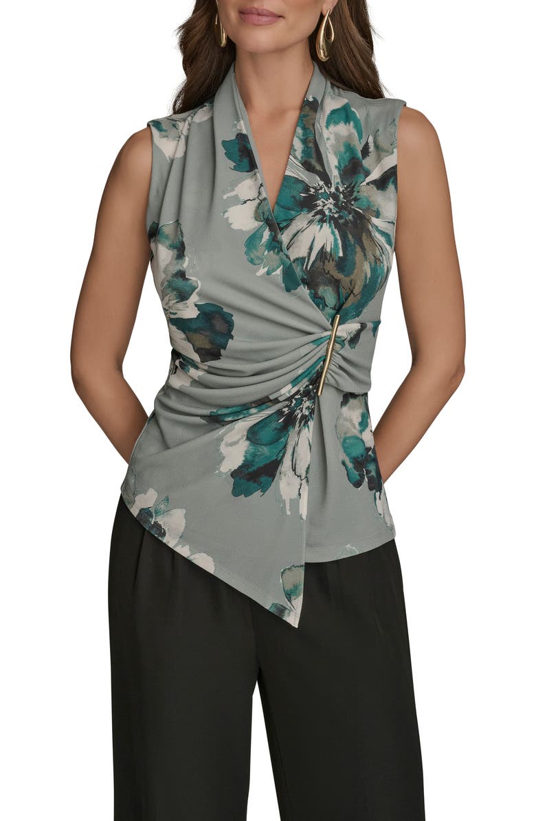 Donna Karan New York Floral Sleeveless Faux Wrap Top, Main, color, Weathered Sage