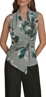 Donna Karan New York Floral Sleeveless Faux Wrap Top