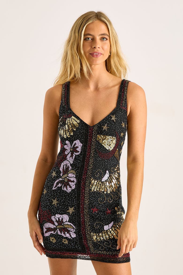 Celestial Beaded Mini Dress, Alternate, color, Black