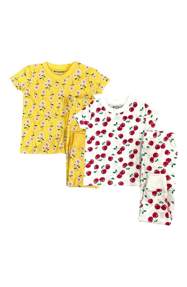 BenBen 2 Pack Girls' Shortsleeve Pajamas, Alternate, color, Cherries/Yellow Flowers