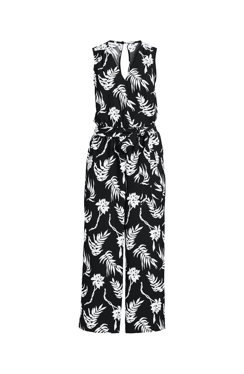 Lands' End Sleeveless Creaseless Wrap Jumpsuit with Smocked Waist, Alternate, color, Black Tropic Floral
