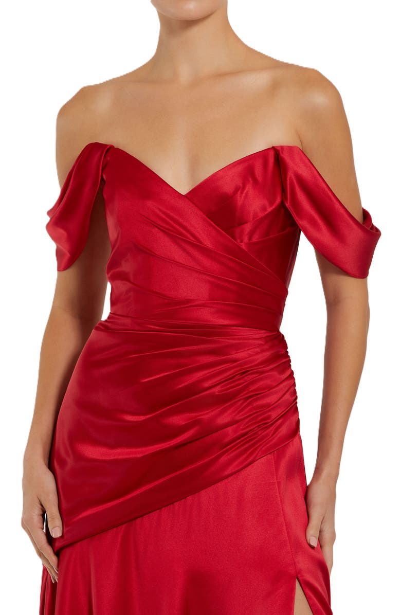 Mac Duggal Hard Satin Off The Shoulder Crossover Gown, Alternate, color, Ruby