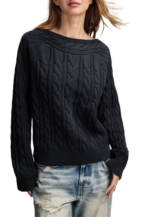 Cable Stitch Boat Neck Cotton Sweater