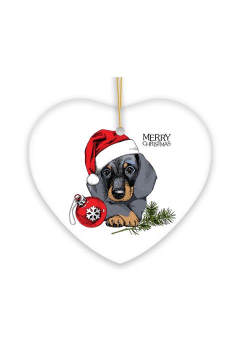 Dachshund Santa Hat Holiday Heart Ceramic Ornament